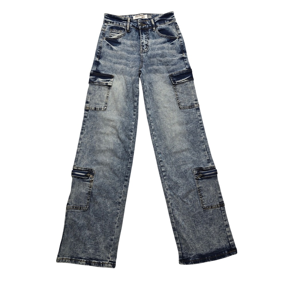 Celebrity Ace High Rise Wide Leg Cargo Jeans Acid Wash Blue Womens 1/25 Y2K
